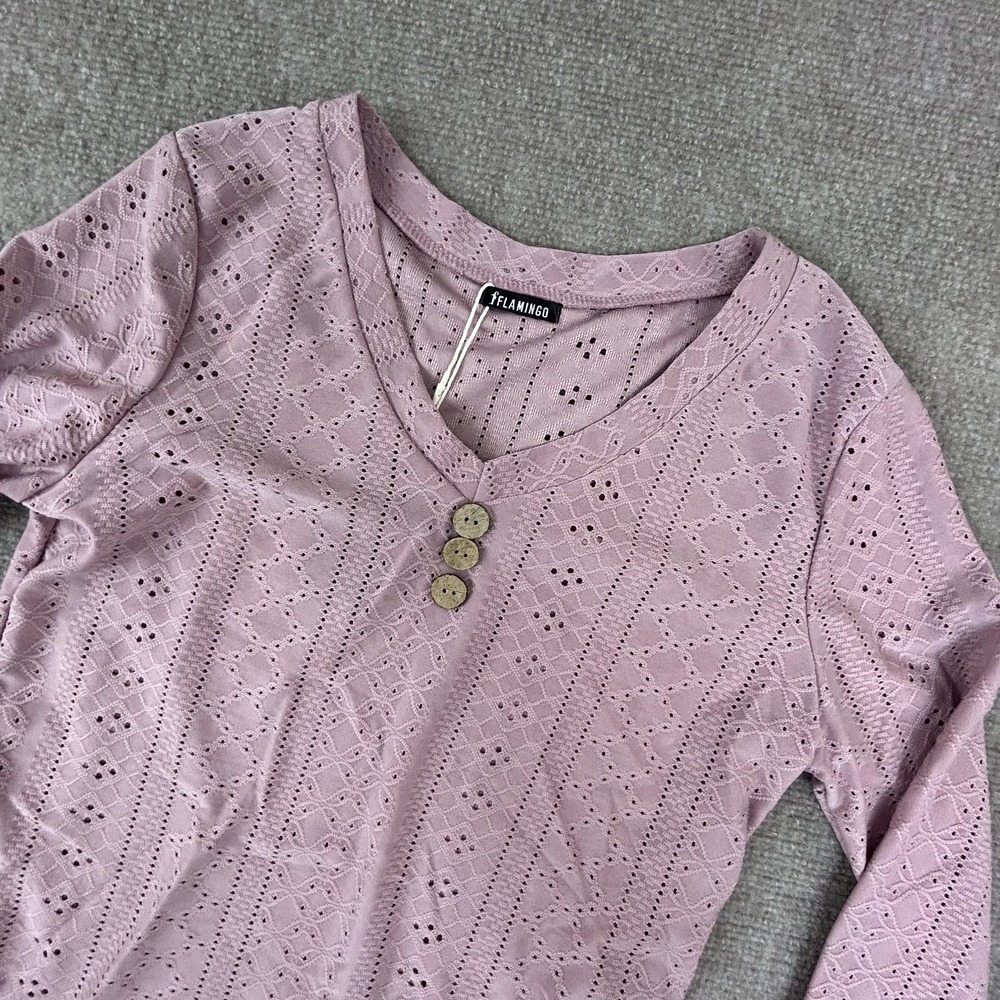 Flamingals By Flamingo Blouse Top Women Small Pink Eyelet Detail Roll Tab Sleeve